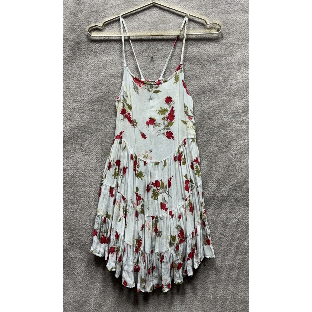 Intimately Free People XS Mini Dress Tiered Scoop Red Roses Floral Print EUC